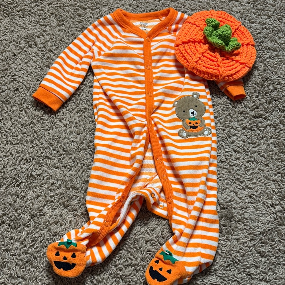 6 month Halloween footie sleeper (Carters) and crochet pumpkin hat